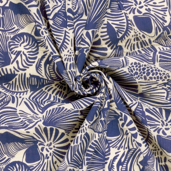 Preview: 0,5m Musselin Muscheln Meerblau Weiss