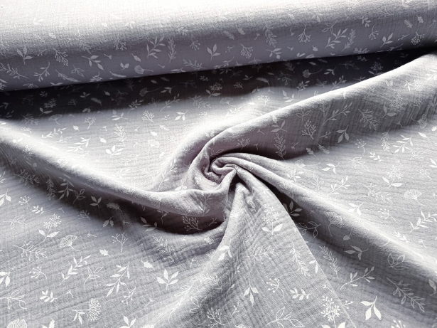 0,5m Musselin Ginko und Blätter Grau