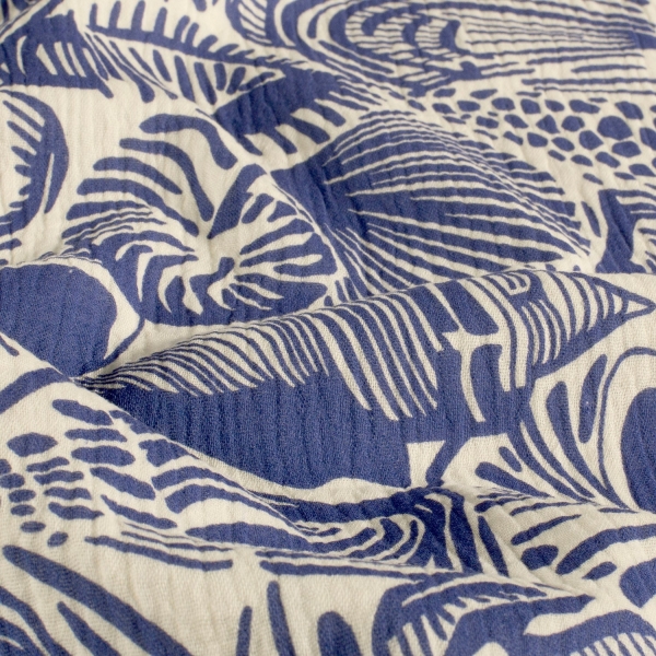 0,5m Musselin Muscheln Meerblau Weiss