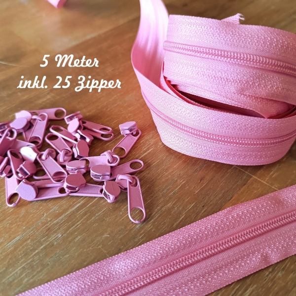 5 Meter Endlosreißverschluss 3mm + 25 Zipper Altrosa