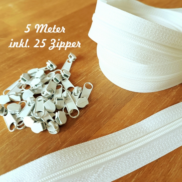 5m Endlosreißverschluss + 25 Zipper Ecru