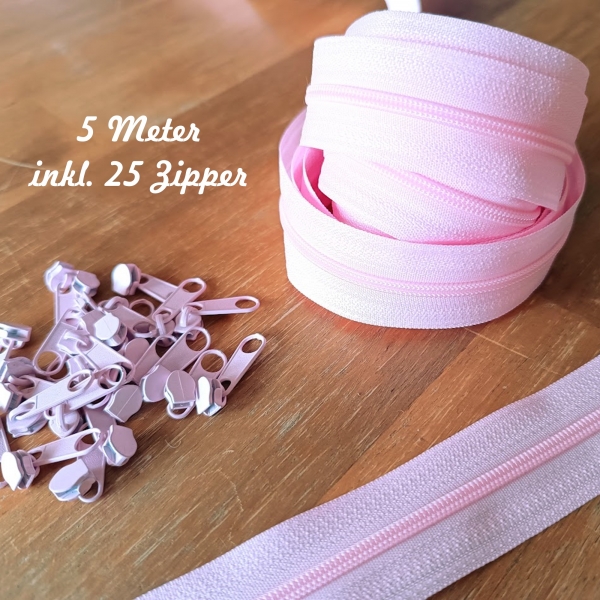 5m Endlosreißverschluss + 25 Zipper Rosa