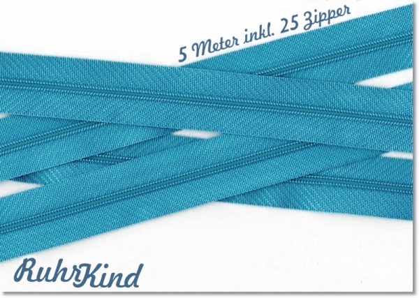 5m Endlosreißverschluss + 25 Zipper Türkisblau