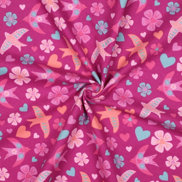 0,5m Flanell Vögel Blüten Pink