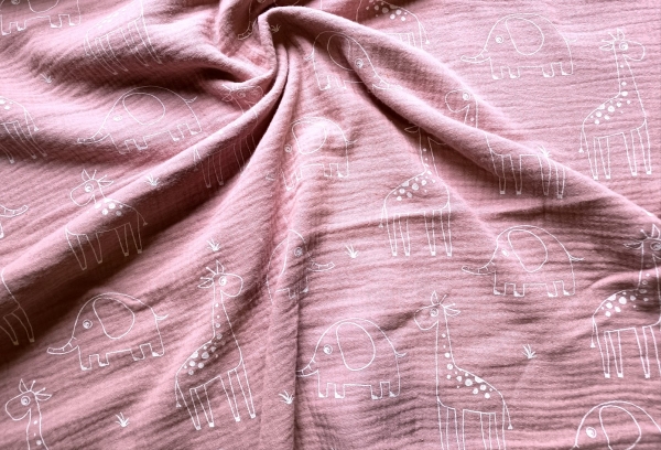 0,5m Musselin Giraffen und Elefanten Mauve